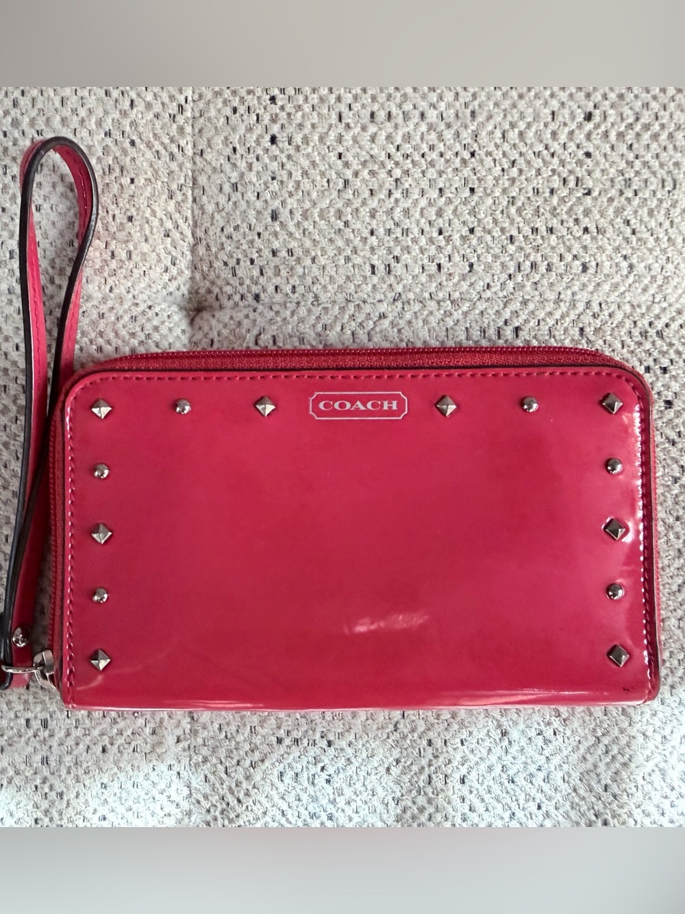 COACH Red Patent Leather Studded Wristlet Clutch